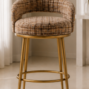 Retro Plaid Upholstered Dressing Stool | Warm Coffee Color | High-legged Luxury Style
